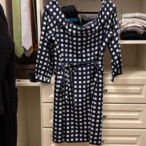 Navy/White check off the shoulder dress